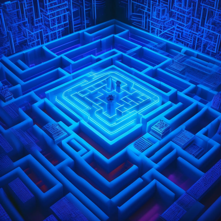 A visually striking illustration depicting a maze with a subtle, glowing light at the center, surrounded by puzzle pieces, chessboards, and scattered brain teasers, set against a dark blue background with neon accents.