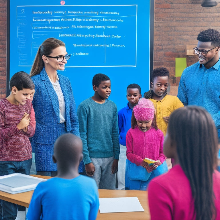 An illustration of a teacher standing in front of a colorful, puzzle-piece-filled chalkboard, surrounded by diverse students engaged with tablets and laptops, with subtle data visualization elements in the background.