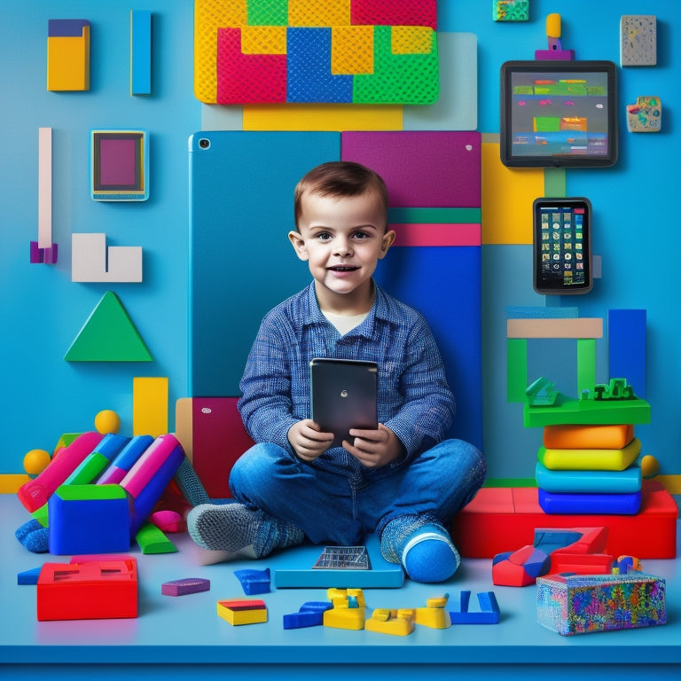 A colorful illustration of a young child surrounded by various digital devices, such as tablets and laptops, with icons of learning apps and games floating around, amidst a subtle background of building blocks and toys.