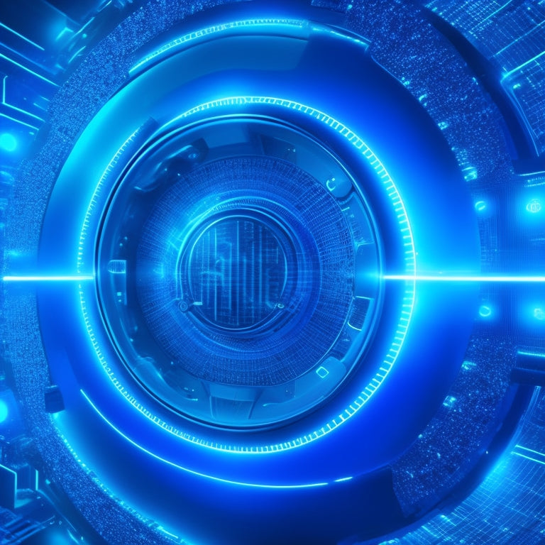 A futuristic, high-tech background with glowing blue circuitry patterns, featuring a large, stylized video player with sleek, metallic edges, surrounded by orbiting 1s and 0s, with pulsing, radiant light effects.