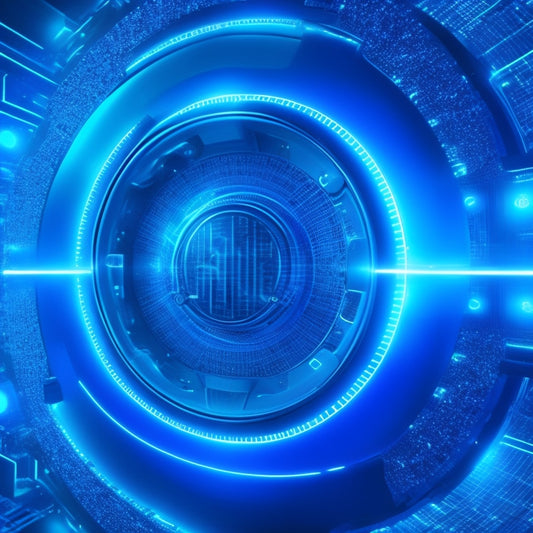 A futuristic, high-tech background with glowing blue circuitry patterns, featuring a large, stylized video player with sleek, metallic edges, surrounded by orbiting 1s and 0s, with pulsing, radiant light effects.
