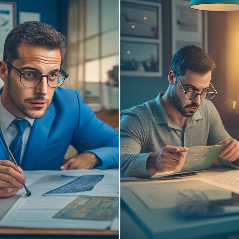 A split-screen image featuring a confused person surrounded by scattered papers and a magnifying glass on the left, and a person with a satisfied expression standing in front of a neat, organized career roadmap on the right.