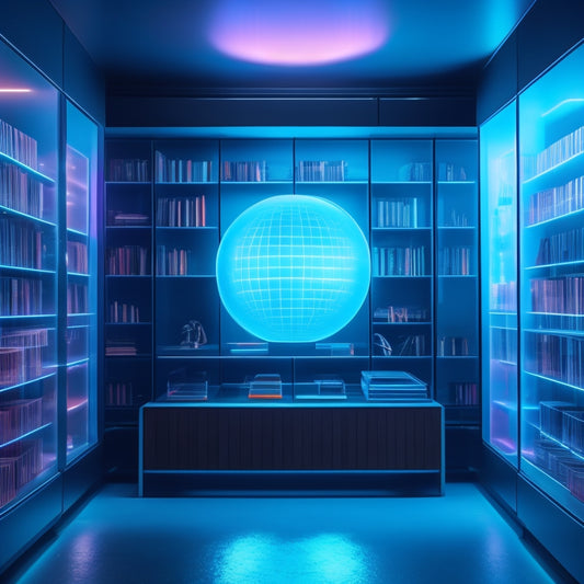 A futuristic, neon-lit archive room with holographic screens, levitating data orbs, and a massive, glowing crystal at the center, surrounded by sleek, minimalist shelves and avant-garde art installations.