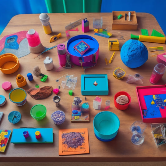 A colorful, clutter-free table scattered with an assortment of math and science kits, including a volcano, microscope, geometric shapes, and a robotics kit, surrounded by curious, diverse hands and tools.