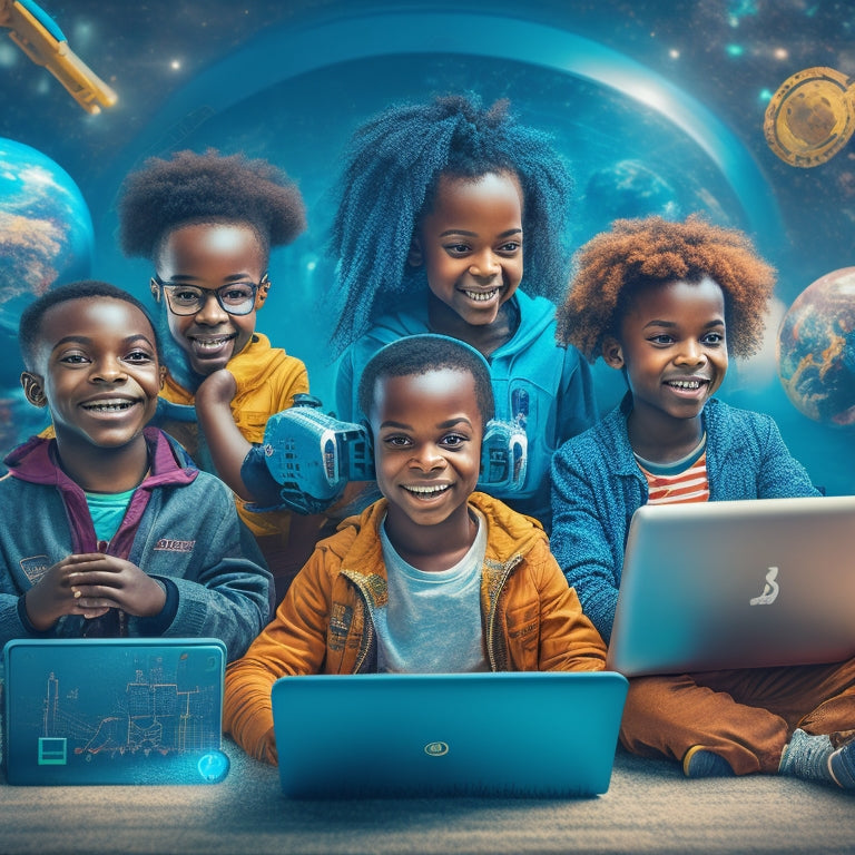 A vibrant, futuristic illustration of a diverse group of happy children surrounded by laptops, tablets, and robots, with coding symbols and programming languages floating around them.