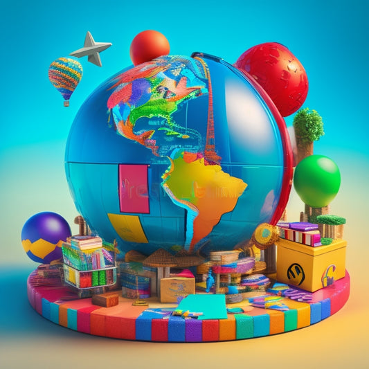 A vibrant, 3D globe surrounded by diverse, colorful toys and learning blocks, with rising arrows and subtle graph lines in the background, conveying growth and upward momentum.
