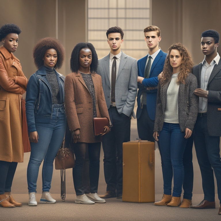 An illustration of a diverse group of students standing in front of a large, unlocking padlock, with golden light shining through, surrounded by subtle hints of laptops, books, and briefcases in the background.