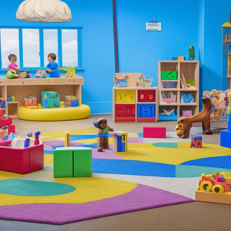 A colorful, clutter-free play area with various interactive math stations, featuring blocks, shape-sorting toys, counting bears, and a number line, surrounded by engaged, diverse preschoolers.