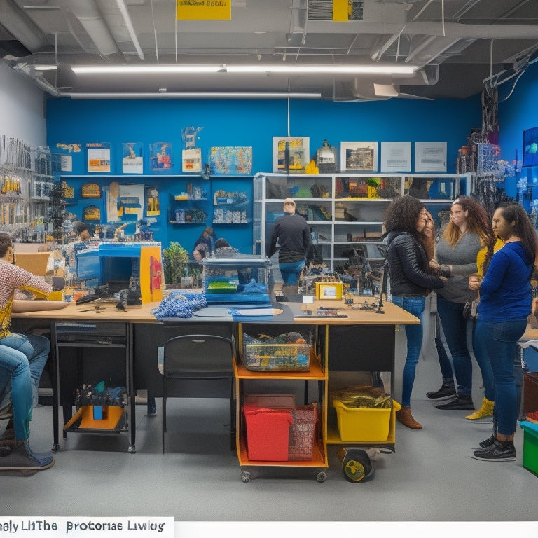 A vibrant, well-lit makerspace with bustling students of diverse ages and abilities surrounded by 3D printers, robots, crafting tables, and colorful materials, amidst a backdrop of inspirational quotes and innovative prototypes.