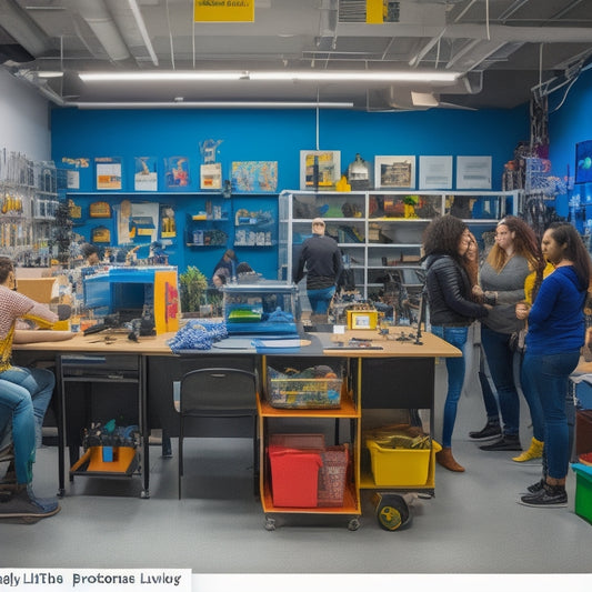 A vibrant, well-lit makerspace with bustling students of diverse ages and abilities surrounded by 3D printers, robots, crafting tables, and colorful materials, amidst a backdrop of inspirational quotes and innovative prototypes.