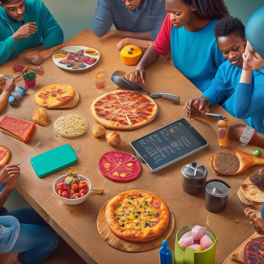An illustration of a diverse group of students gathered around a table, surrounded by everyday objects like smartphones, pizzas, and sports equipment, with math problems and solutions scribbled on a chalkboard in the background.