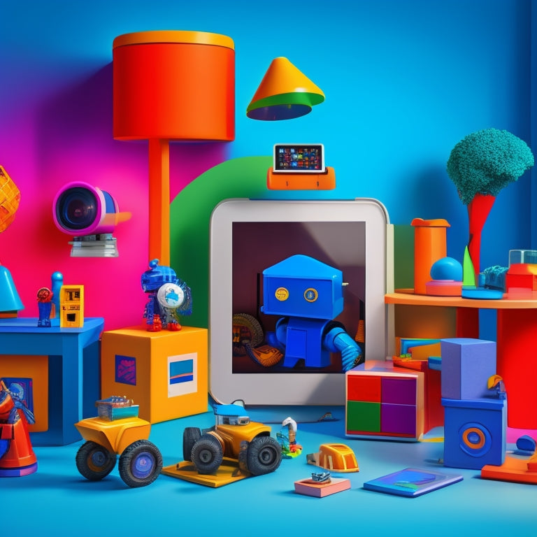 A vibrant, colorful illustration of various digital educational toys, including a tablet with interactive screens, a robot with coding blocks, and a virtual reality headset, surrounded by happy, curious kids.