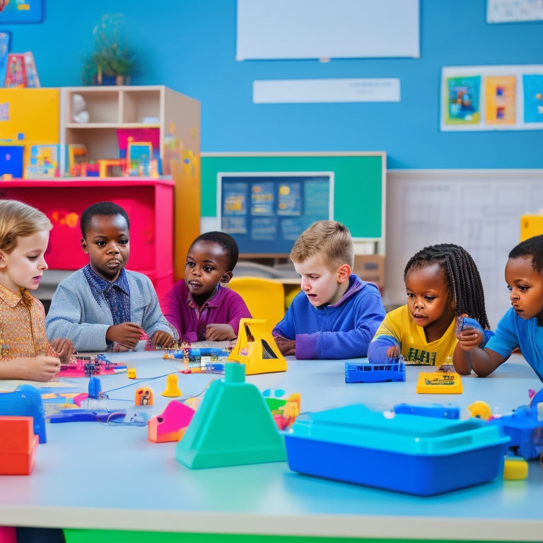 A colorful classroom scene with a diverse group of 1st graders engaged with tablets, laptops, and interactive whiteboards, surrounded by educational posters and toys, with a subtle background of coding blocks and circuits.