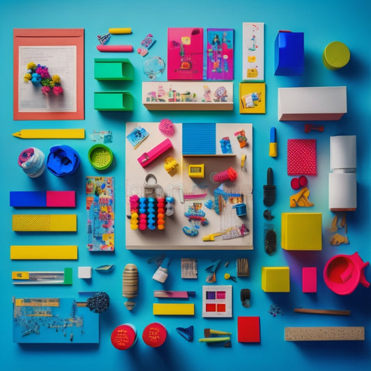 A colorful, clutter-free desk with 10 distinct, neatly arranged educational kits, each with unique components like blocks, puzzles, and science tools, surrounded by curious, engaged children's hands and faces.