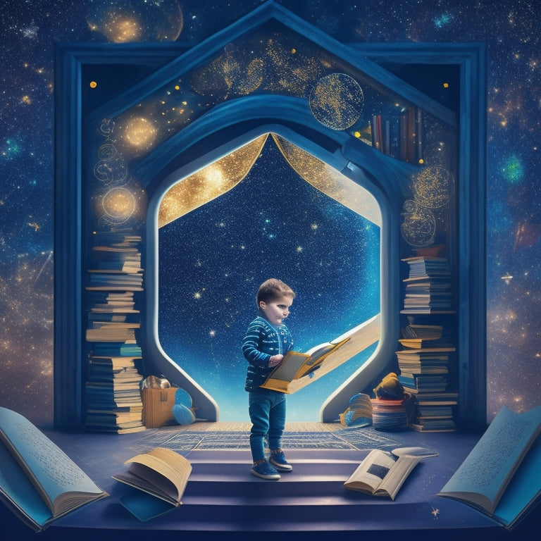 A whimsical illustration featuring a curious child surrounded by swirling math symbols, geometric shapes, and open books, set against a vibrant, starry night sky with a subtle grid pattern.