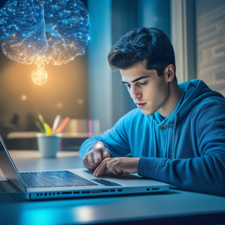 An illustration of a student sitting in front of a laptop, surrounded by puzzle pieces fitting together, with a subtle background of a brain with glowing neurons, symbolizing tailored learning.