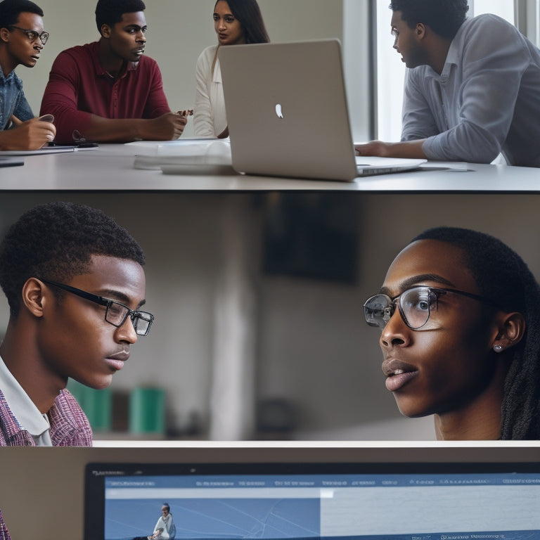 A split-screen image featuring a laptop with a math problem on the screen on one side, and a diverse group of college students collaborating around a whiteboard filled with equations on the other side.