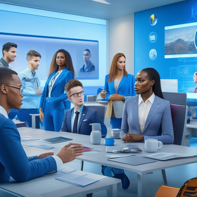 A futuristic virtual classroom with a diverse group of avatars, each surrounded by personalized learning pathways, virtual sticky notes, and 3D models, set against a vibrant, gradient-blue background.