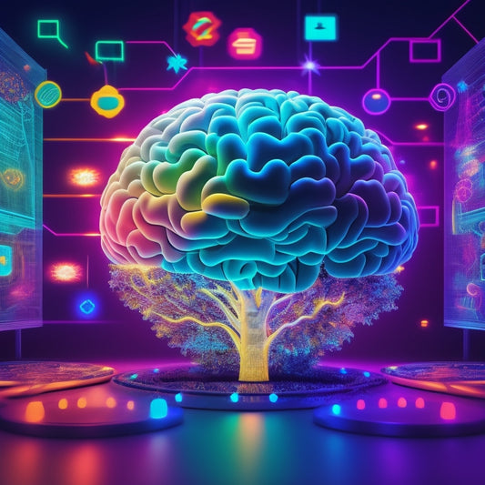 A colorful, futuristic illustration of a child's brain surrounded by glowing math symbols, 3D shapes, and swirling circuits, with a subtle grid background and soft, pulsing lights.