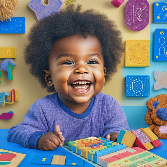 A colorful illustration of a smiling preschooler surrounded by various educational tools, such as number blocks, counting bears, and a geometric shape puzzle, amidst a background of vibrant, swirling math-inspired patterns.
