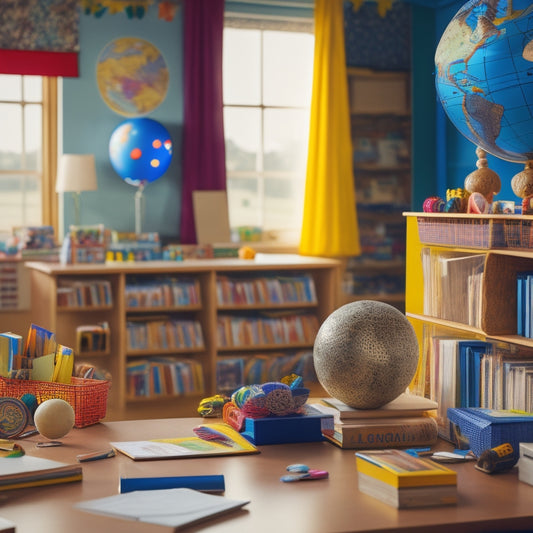 A colorful, organized classroom scene with a central workstation surrounded by shelves stacked with varied educational materials, including globes, books, and educational toys.