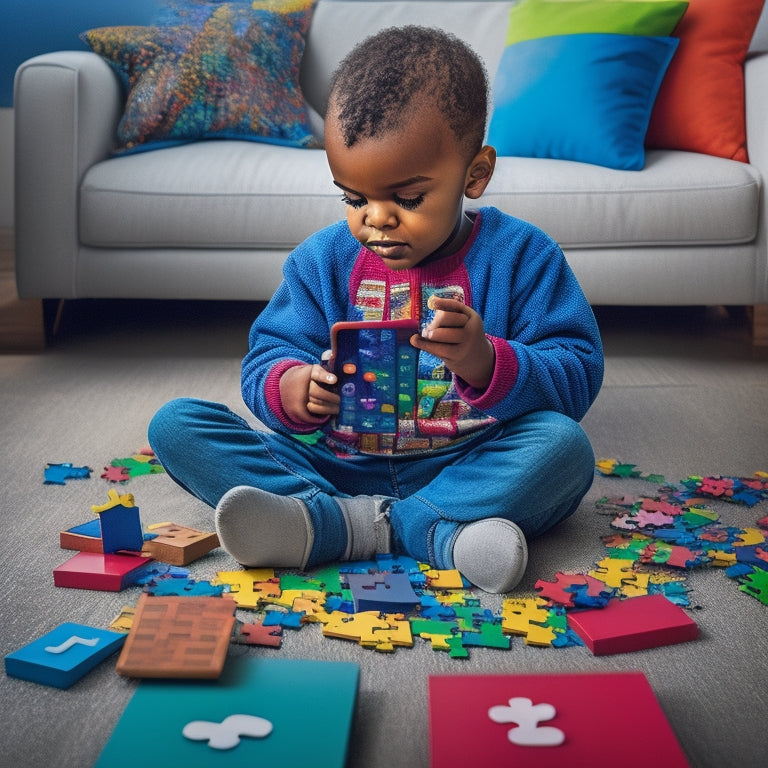 A colorful illustration of a young child sitting cross-legged on a floor, surrounded by tablets and smartphones, with speech bubbles filled with alphabet blocks and puzzle pieces.