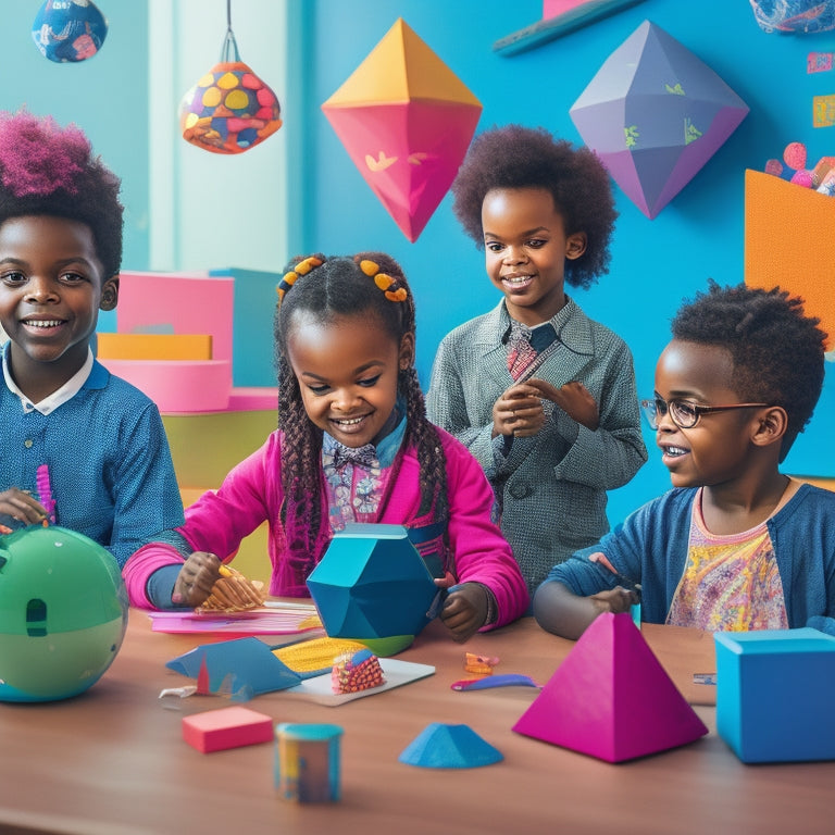 A colorful illustration of a diverse group of happy children aged 6-12, surrounded by digital devices and math-inspired objects, such as 3D shapes, graphs, and virtual manipulatives, in a futuristic classroom setting.