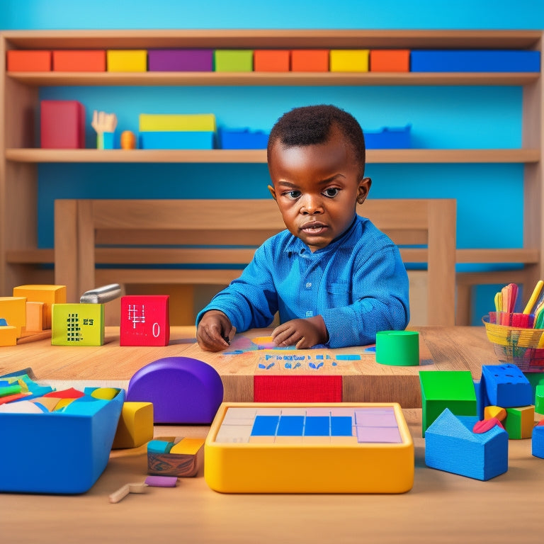 A colorful, clutter-free illustration of a young child (4-6 years old) sitting at a wooden desk, surrounded by various math learning tools, including counting blocks, number lines, and shape sorters.