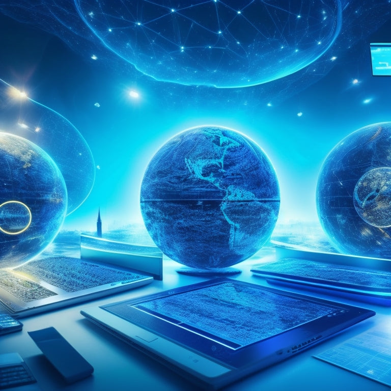 A futuristic digital landscape with a glowing, swirling math symbol () at its center, surrounded by orbiting tablets, laptops, and smartphones, all displaying interactive math lessons and 3D graphs.