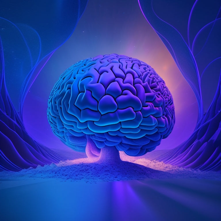 A futuristic, minimalist illustration featuring a stylized, glowing brain surrounded by orbiting spheres with subtle, swirling patterns, amidst a backdrop of dark blue and purple hues, evoking innovation and intellectual curiosity.