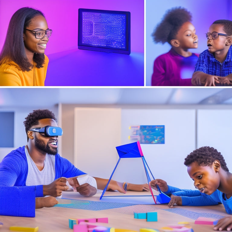 A colorful, dynamic illustration of a diverse group of students engaging in interactive math activities: building geometric shapes with blocks, using virtual reality headsets, and collaborating on a large, touch-sensitive screen.