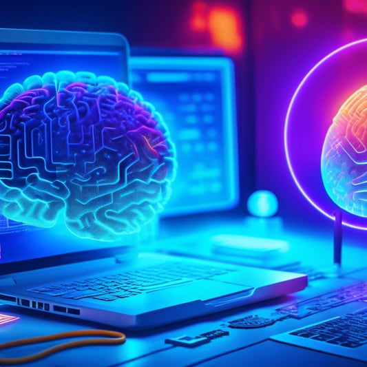 A futuristic, neon-lit background with a stylized, glowing brain at its center, surrounded by orbiting icons of laptops, tablets, and smartphones, with circuit boards and gears intertwined with DNA helices.