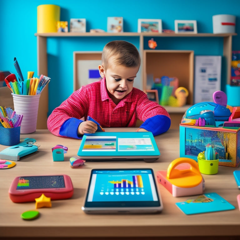 A colorful, clutter-free desk with a happy, curious child (aged 6-10) surrounded by various tablets and smartphones, each displaying different educational apps with engaging icons and graphics.