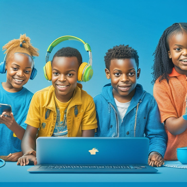A colorful, stylized illustration of a diverse group of children with special needs engaging in online learning activities, surrounded by laptops, tablets, and headphones, set against a bright, gradient blue background.