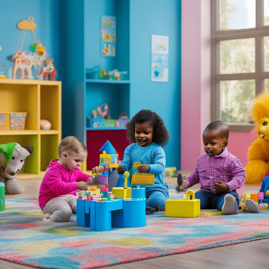 A colorful, clutter-free playroom scene featuring a diverse group of toddlers (ages 2-4) engaging with various early learning kits, including building blocks, puzzles, and educational toys, amidst a subtle background of soft, pastel hues.