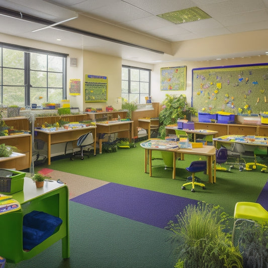 A colorful, clutter-free classroom with diverse special needs students engaging with assistive technology, such as tablets, sensors, and adaptive keyboards, amidst inspirational wall art and calming greenery.