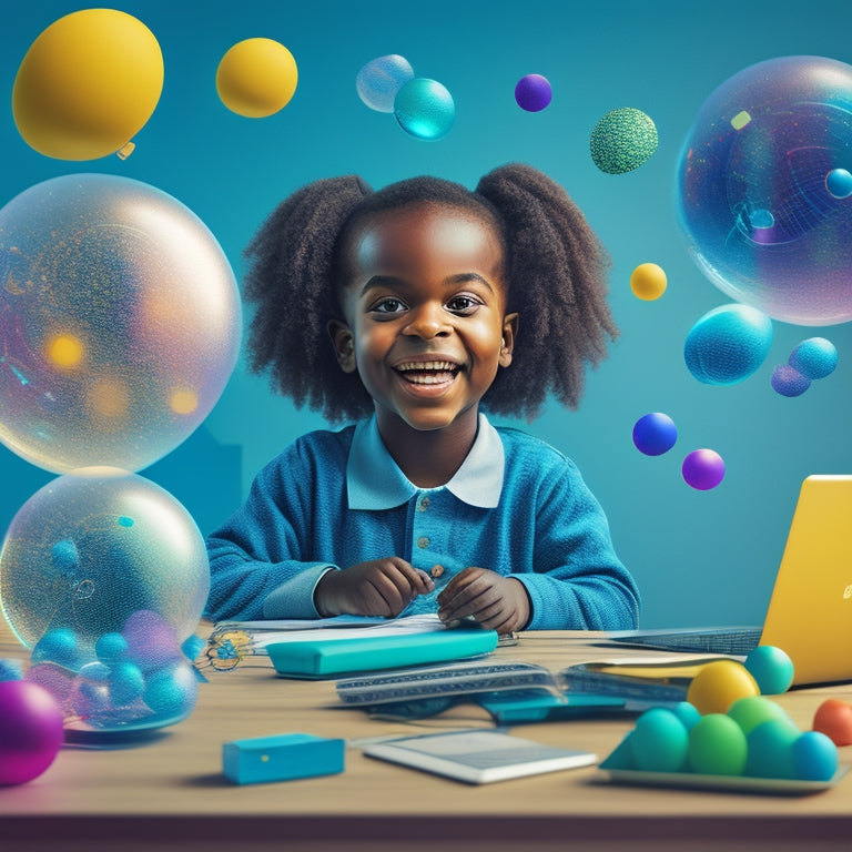 A colorful illustration of a smiling child sitting at a desk, surrounded by tablets and laptops, with math problems and formulas floating in bubbles around them, amidst a subtle background of geometric shapes.