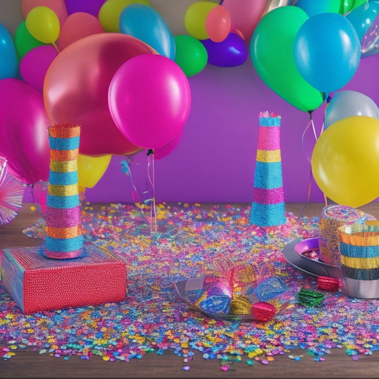 A colorful, vibrant image featuring a decorated party table with balloons, streamers, and a few confetti pieces scattered around, surrounded by coupon clippings and a piggy bank.