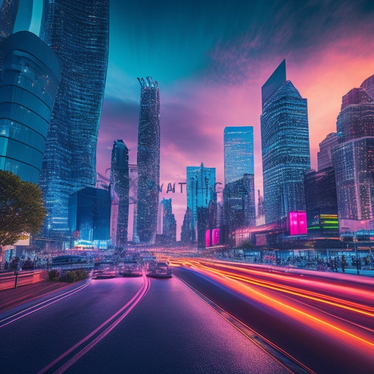 A vibrant, futuristic cityscape at dusk with neon lights reflecting off sleek skyscrapers, surrounded by swirling clouds of shopping bags, credit cards, and smartphones.