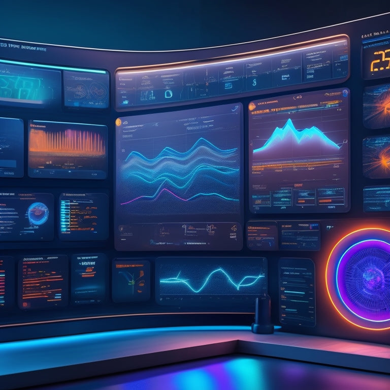 A futuristic dashboard displaying colorful, swirling graphs and charts on a dark background, surrounded by scattered math symbols, game controllers, and 3D visualizations of brain activity.