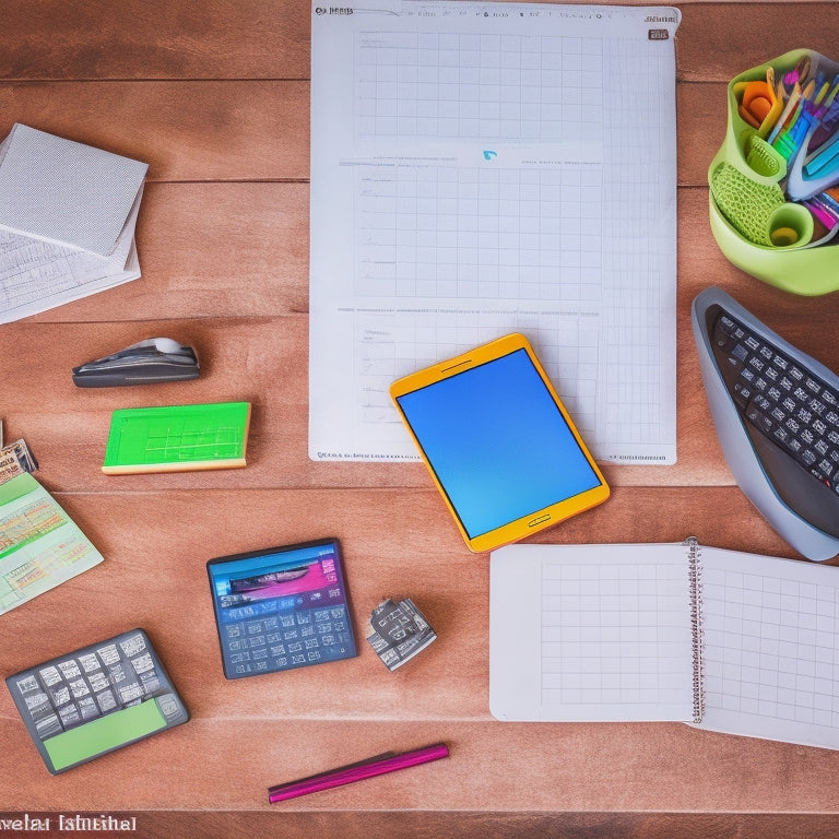 A colorful, clutter-free desk with a tablet, laptop, and smartphone, each displaying a different math app, surrounded by pencils, a calculator, and a few scattered math worksheets.