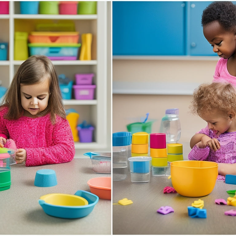 Illustrate a colorful, clutter-free classroom with 5 diverse preschoolers (ages 3-4) engaging in various math activities: building blocks, counting toys, shape-sorting, and measuring with cups and scales.