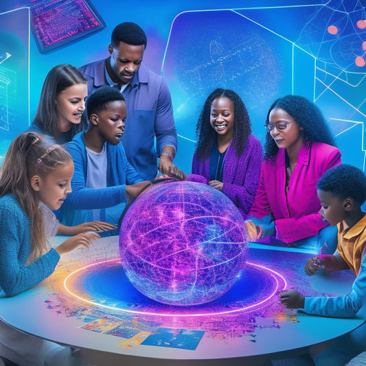An illustration of a diverse group of students and teachers of all ages gathered around a large, glowing, interactive math puzzle, with colorful equations and formulas swirling around them in a vibrant, futuristic classroom.
