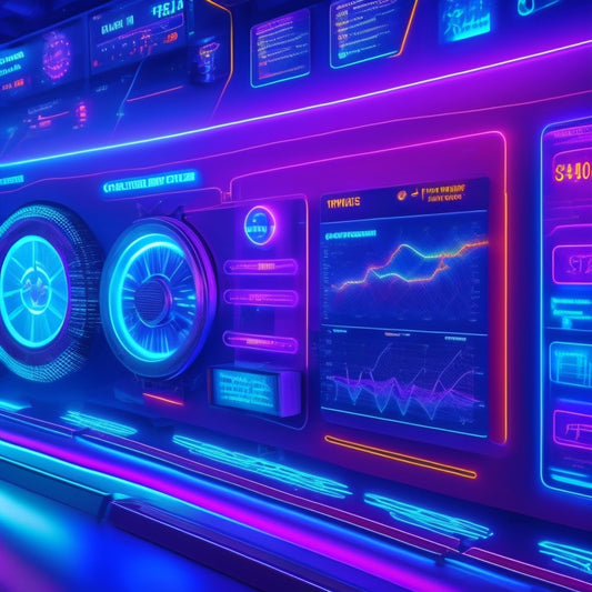 A futuristic, neon-lit dashboard displaying colorful, swirling math symbols and graphs, surrounded by subtle, glowing circuitry patterns, with a subtle, gradient blue background.