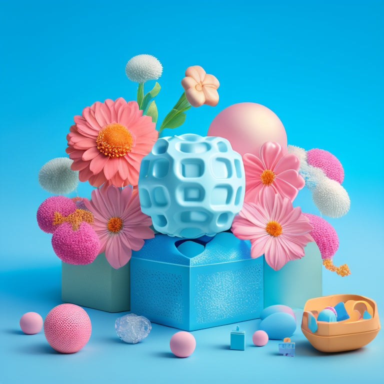 A whimsical illustration of a blooming flower with petals shaped like building blocks, surrounded by floating toys, balls, and puzzles, set against a soft, gradient blue background.