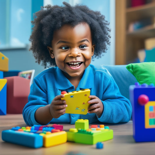 A colorful illustration of a kindergarten-aged child sitting in front of a tablet, surrounded by math-themed toys and blocks, with a joyful expression as they play an engaging online math game.