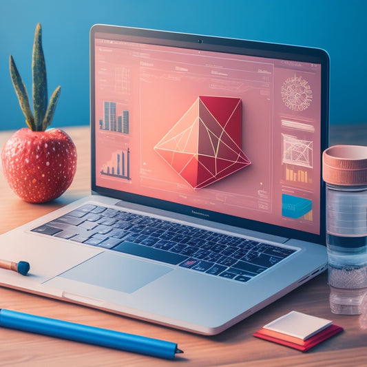 A stylized illustration of a MacBook surrounded by math-related icons, such as geometric shapes, graphs, and symbols, with a subtle grid background and pastel colors.