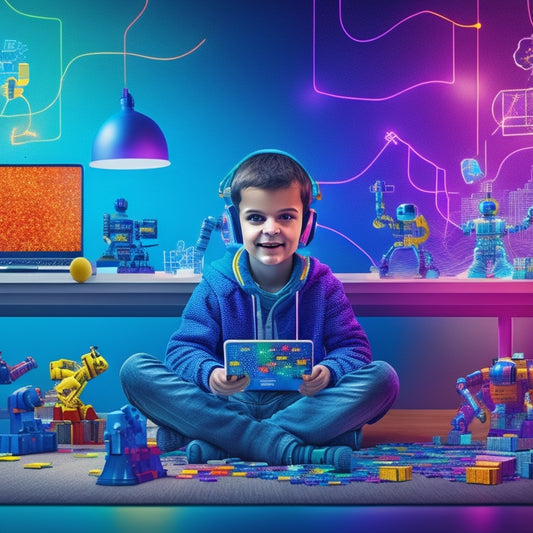 A whimsical illustration of a kid sitting in front of a laptop, surrounded by coding blocks, robots, and colorful wires, with a thought bubble containing a puzzle piece fitting into a coding landscape.