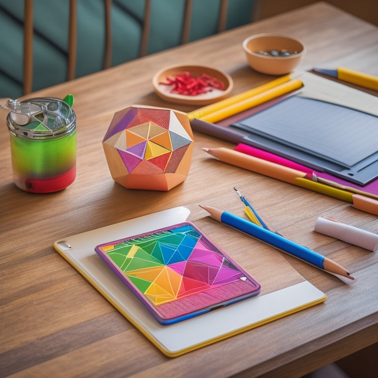 An iPad on a wooden desk, surrounded by colorful pencils, a geometric shape-patterned notebook, and a few scattered math worksheets, with a subtle glow effect around the screen.