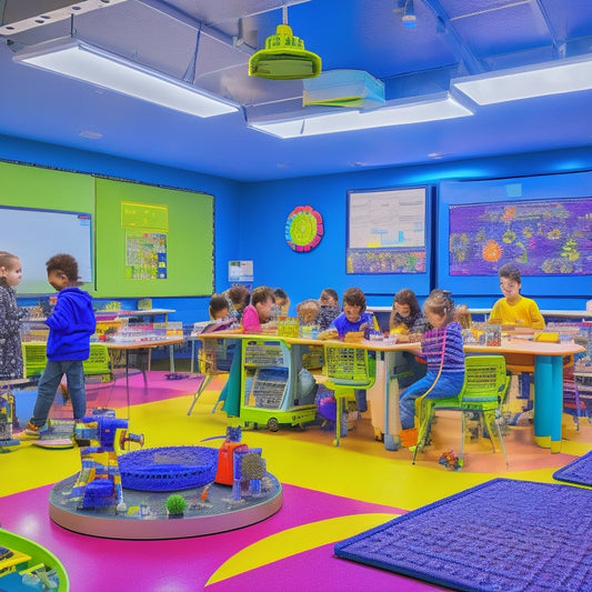 A colorful, futuristic classroom with diverse elementary school students engaged in STEM activities: robots, microscopes, coding screens, and 3D printers, surrounded by gears, atoms, and planetary models.